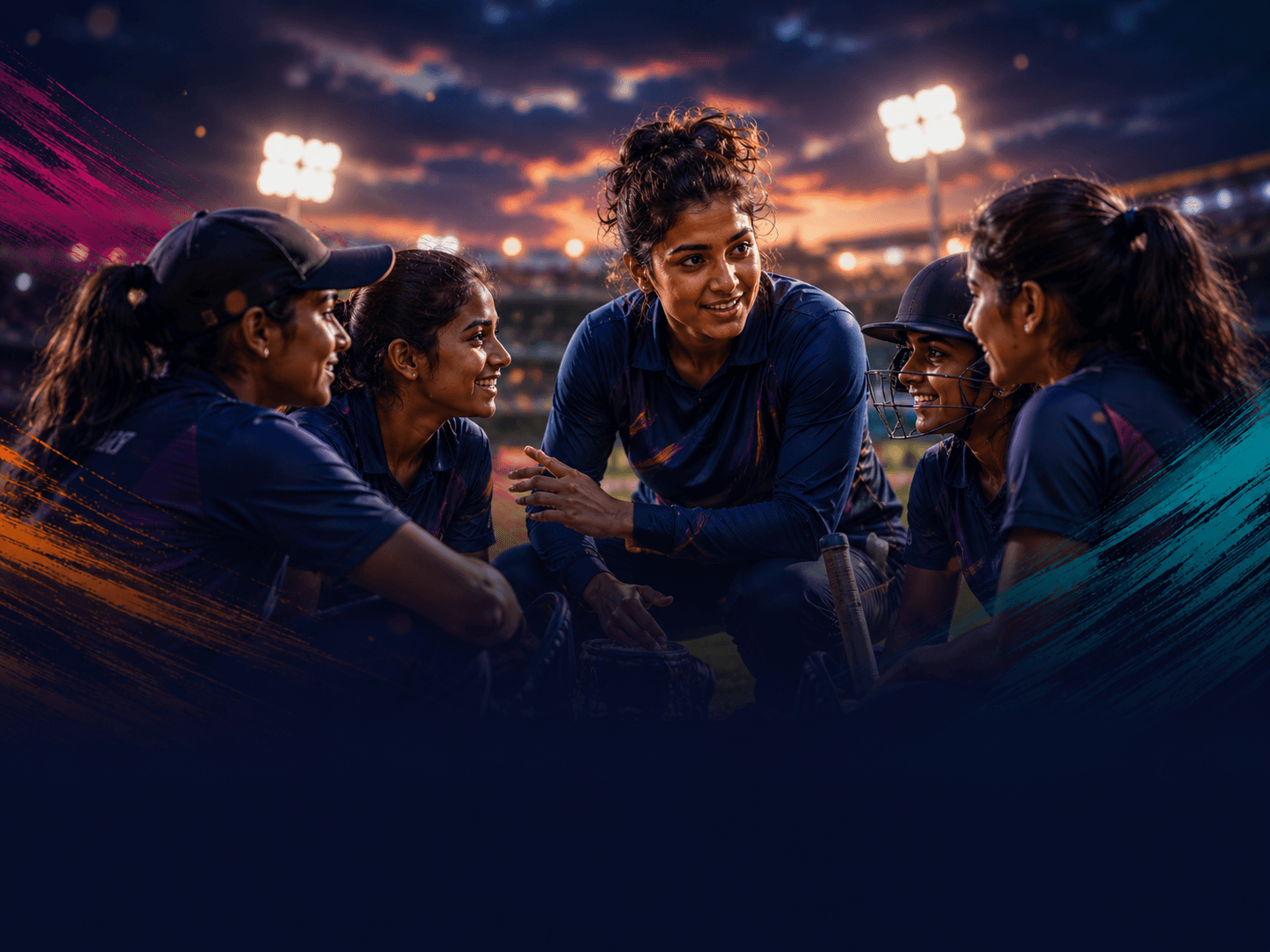 Girls and women in a cricket team huddle