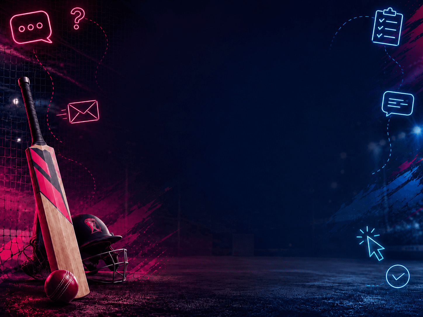 Cricket-themed contact background showing questions, messages, and request icons