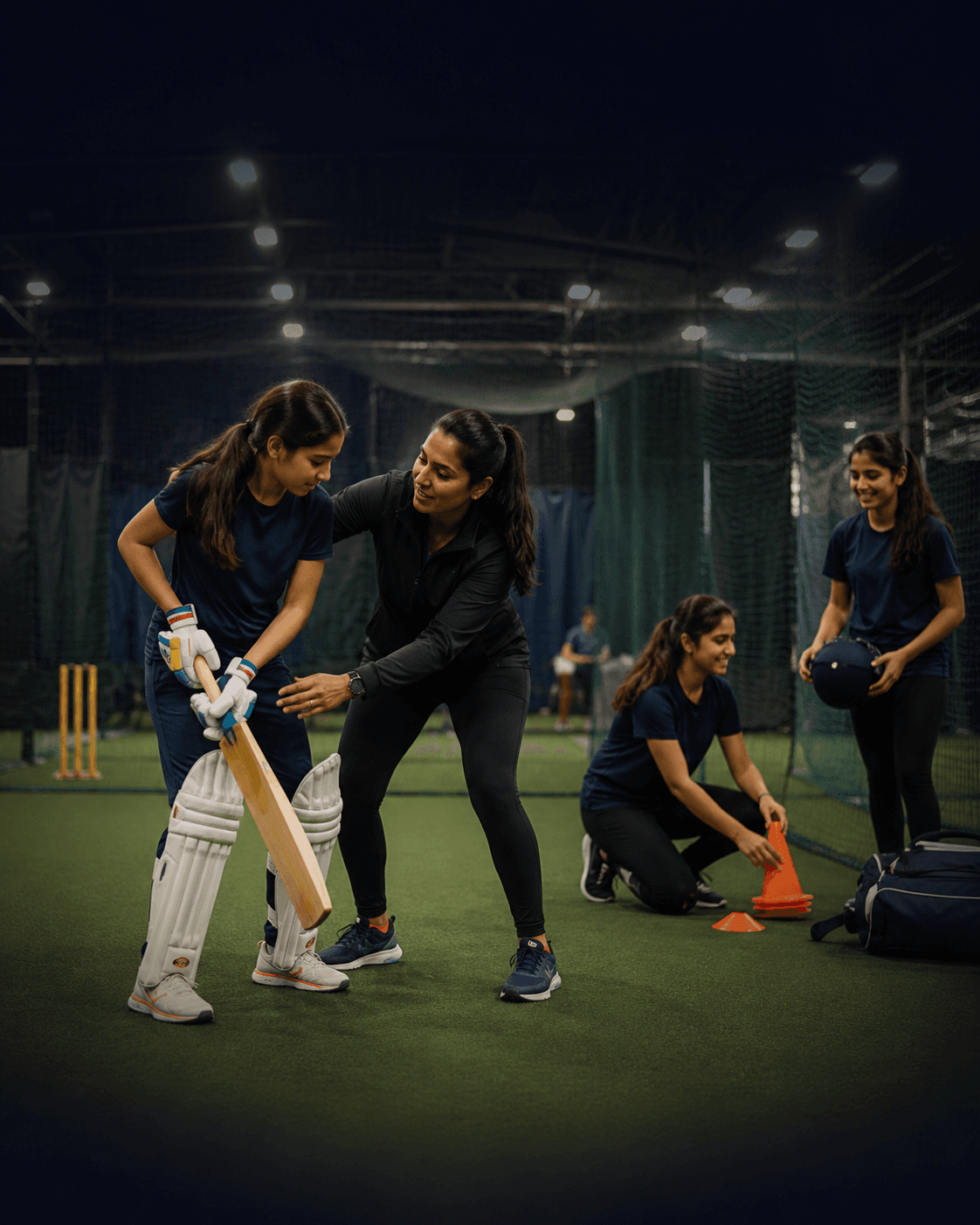Indoor cricket coach and volunteers helping players